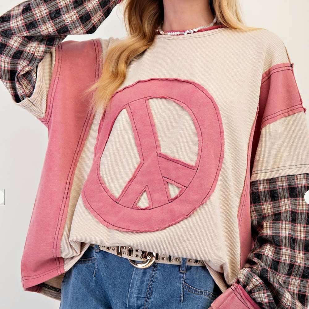Easel Pink and Beige Peace Sign Sweater - Picture 4 of 5